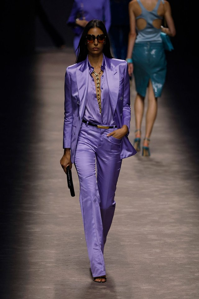Model wearing Pastel Lilac three piece suit set by Tom Ford SS 24