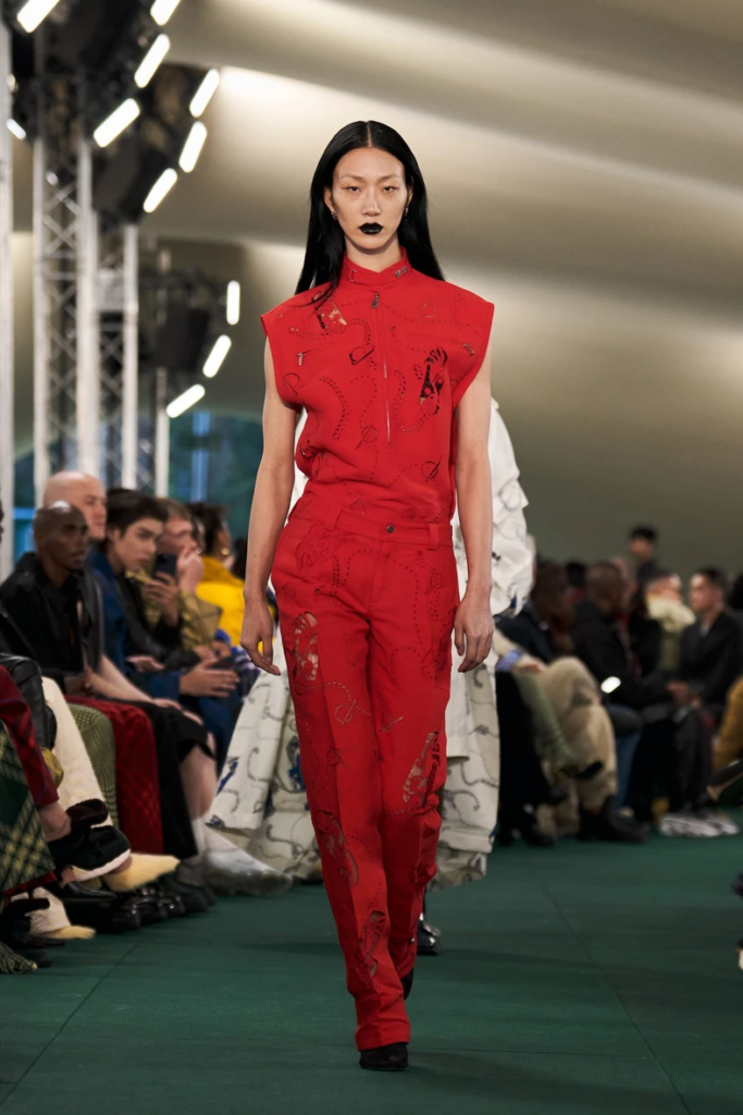 Model wearing Cherry Red jumpsuit Burberry SS24