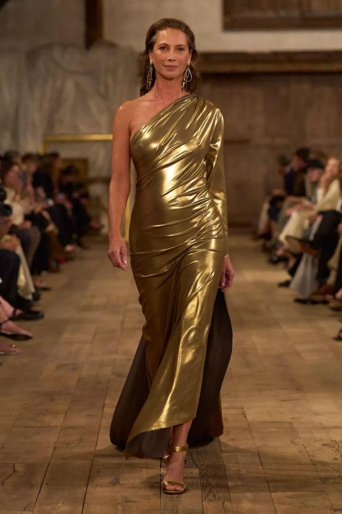 Model wearing metallic dress by Ralph Lauren SS24